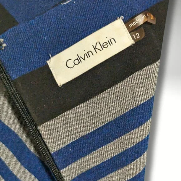 Calvin Klein Cap Sleeve Striped Belted Sheath Dress sz 12 - Picture 3 of 7